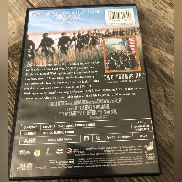 DVD “ GLORY” CLASSIC DVD DENZEL WASHINGTON, MATTHEW BRODERICK, MORGAN FREEMAN - Picture 2 of 2